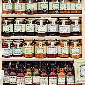 A variety of homemade preserves, beautifully jarred.